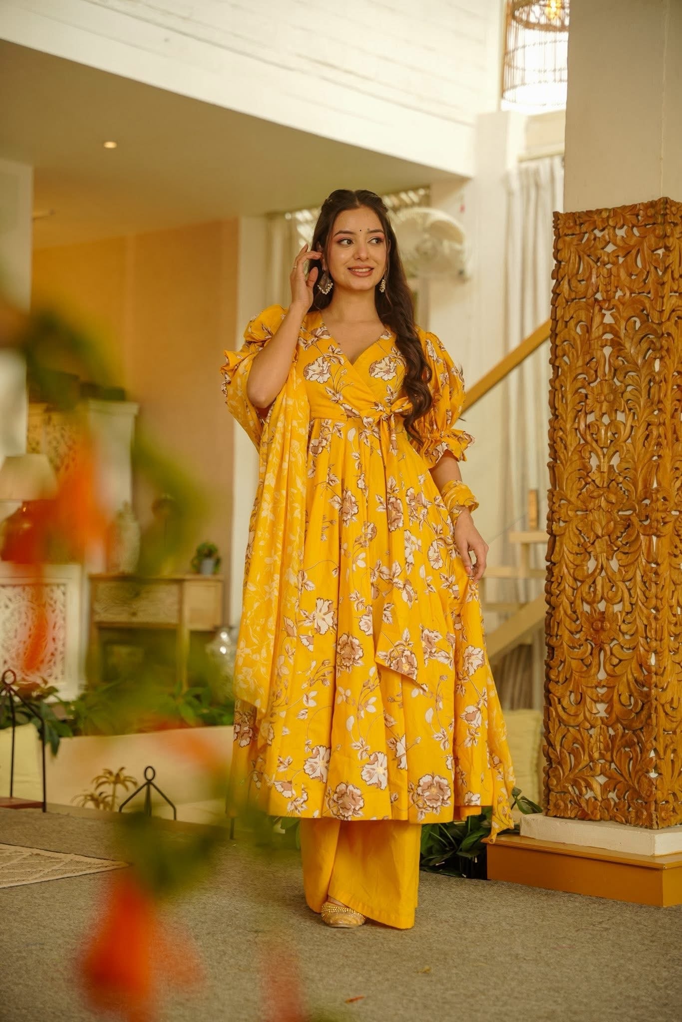 Mysha Yellow Cotton Anarkali Suit Set