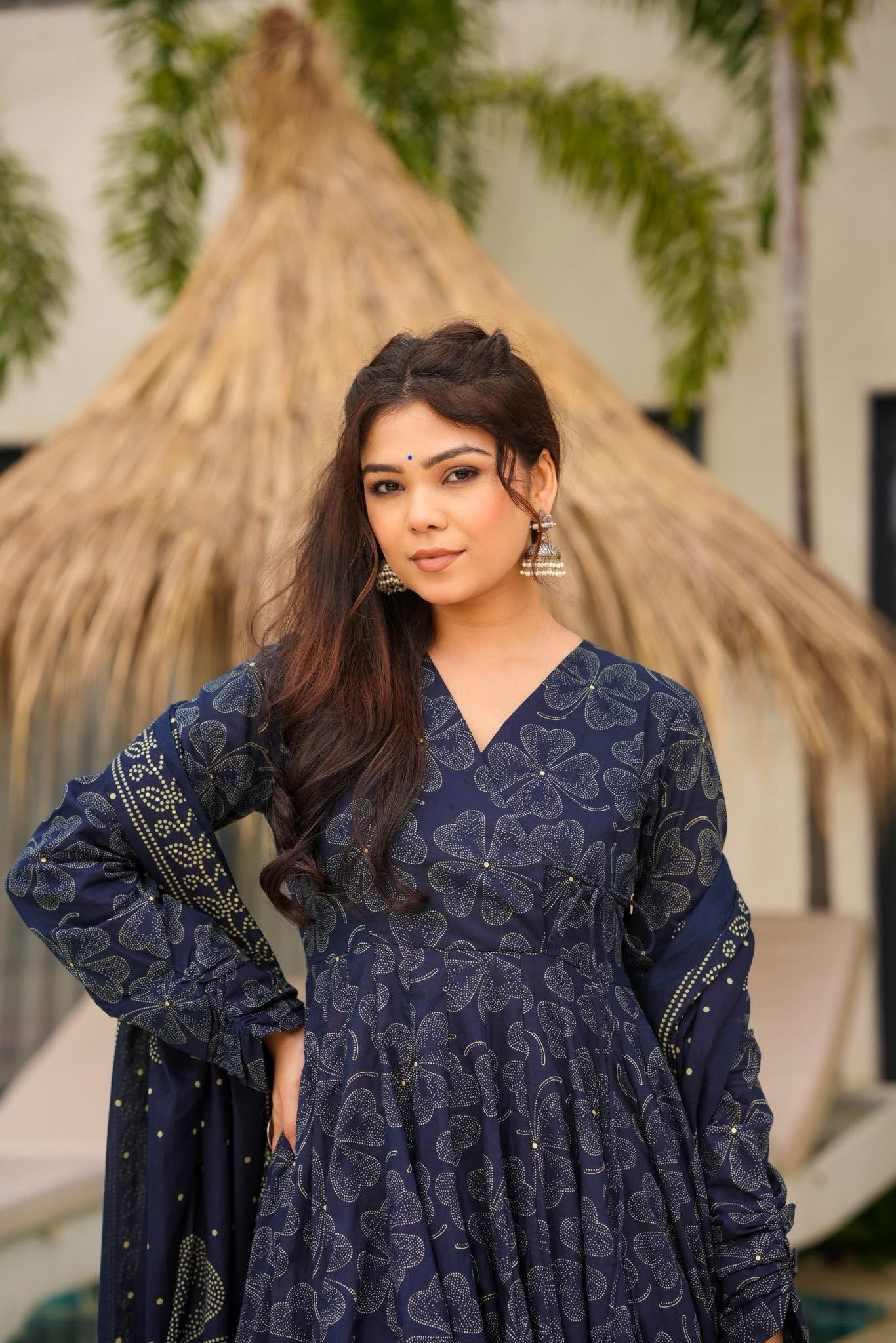 Starlit Navy Blue Cotton Anarkali with Dupatta