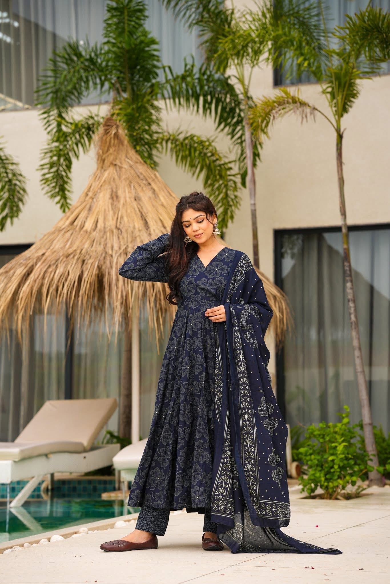 Starlit Navy Blue Cotton Anarkali with Dupatta