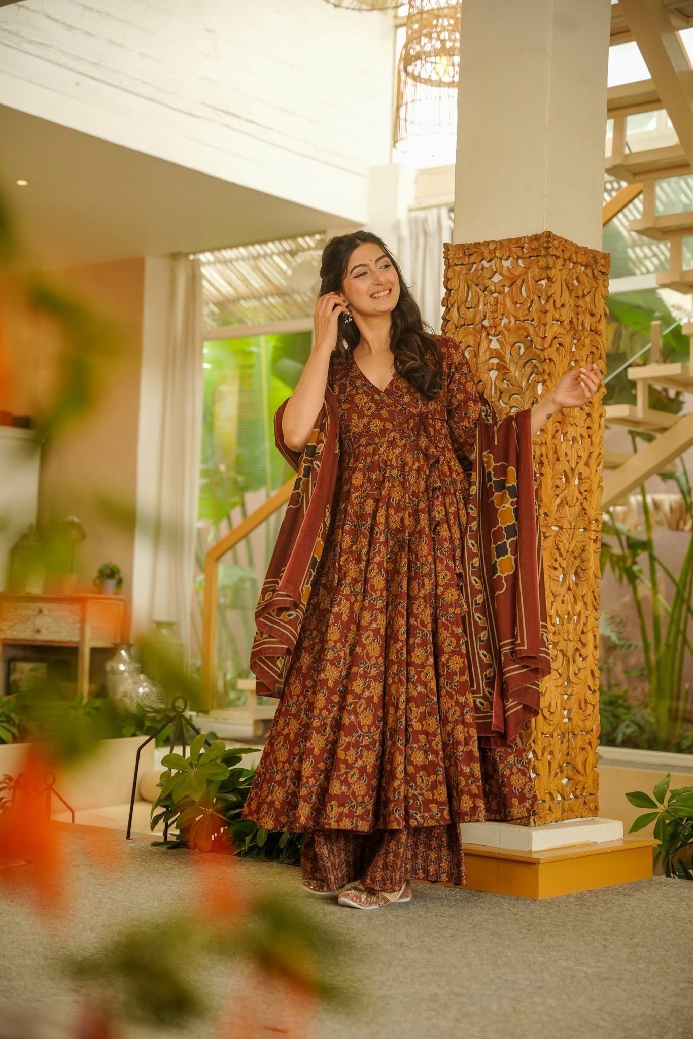 Veda Printed Cotton Anarkali Suit Set