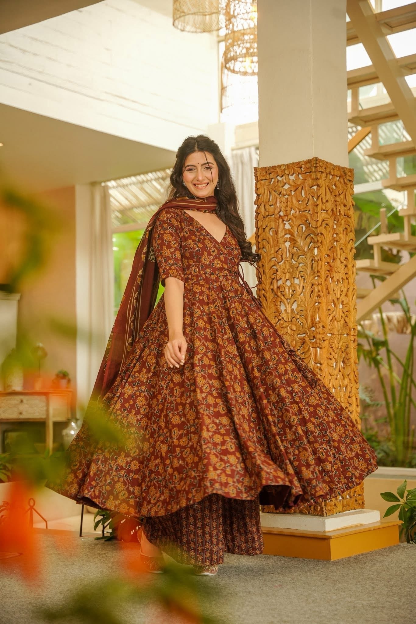 Veda Printed Cotton Anarkali Suit Set