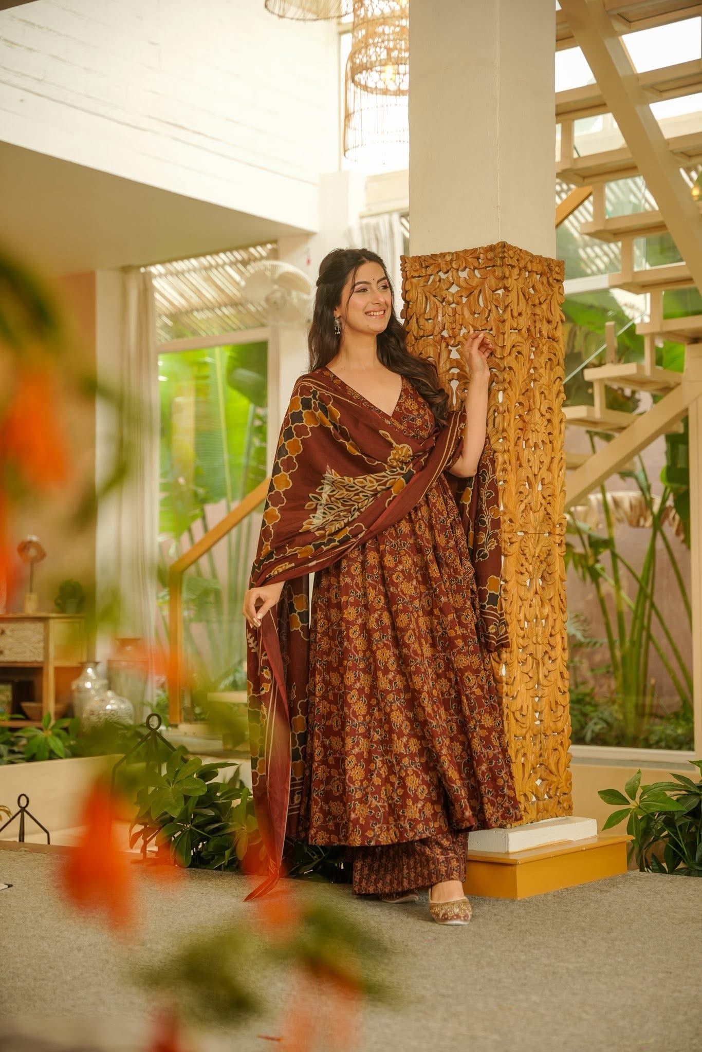 Veda Printed Cotton Anarkali Suit Set