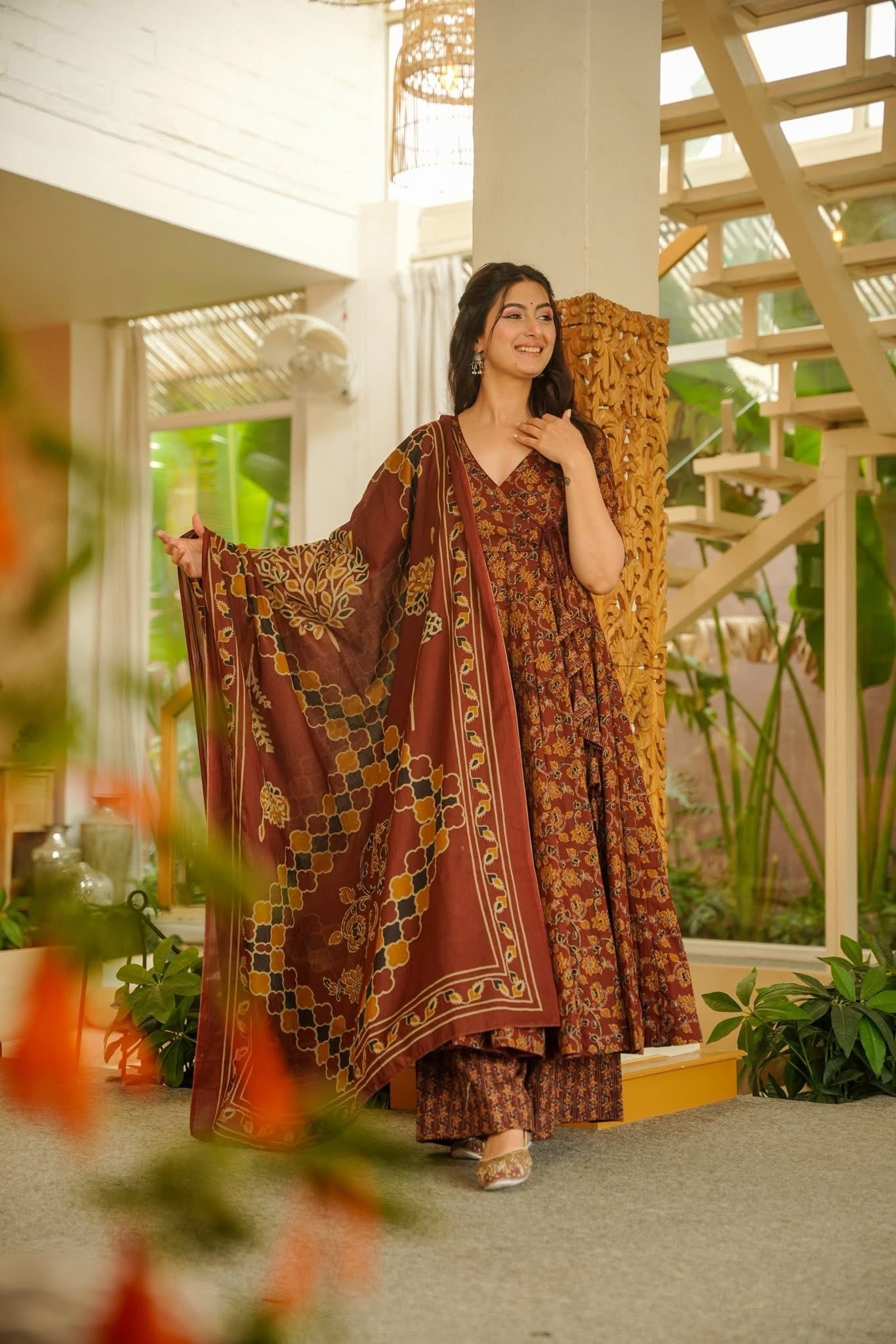 Veda Printed Cotton Anarkali Suit Set