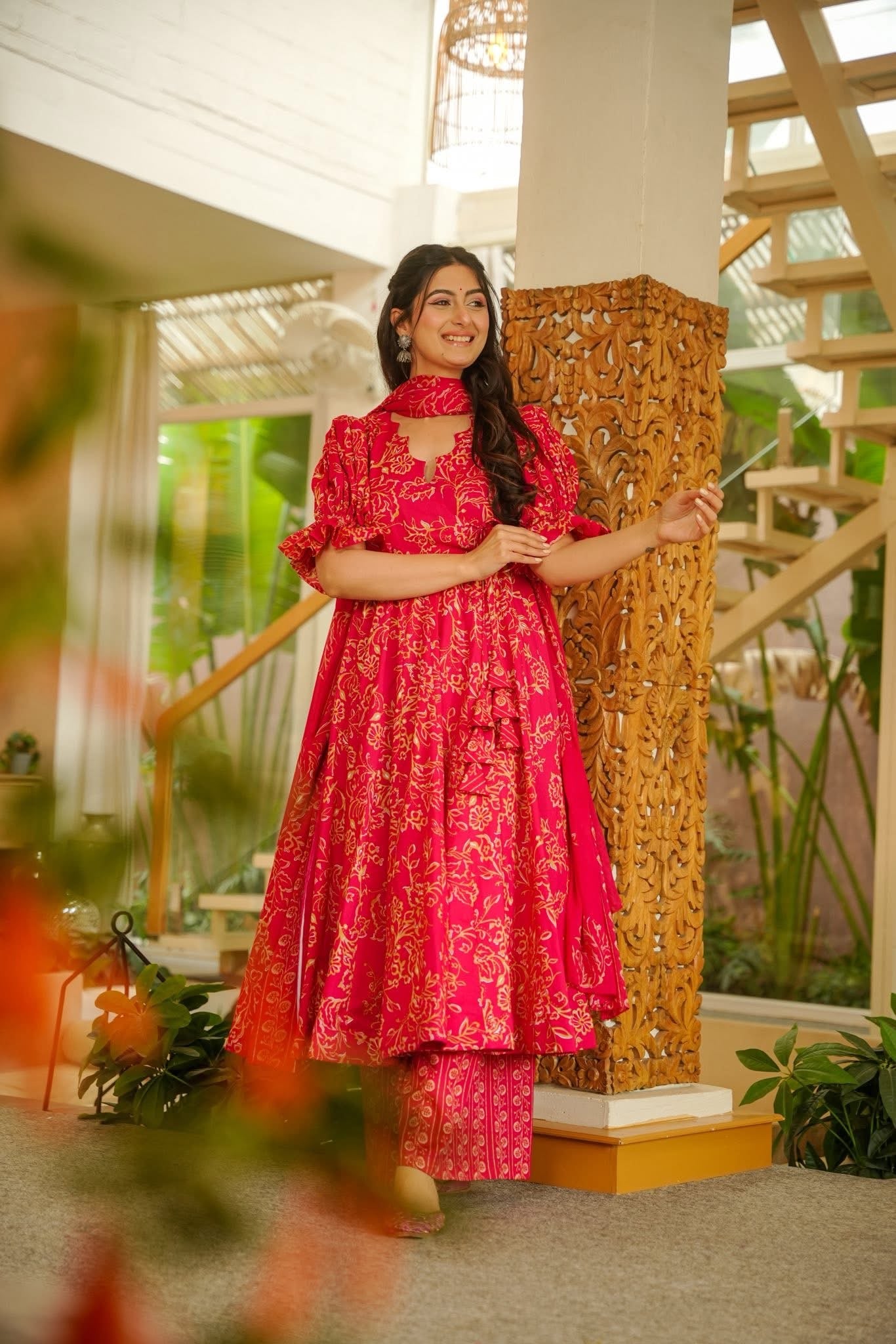 Vaira Red Cotton Anarkali Suit Set