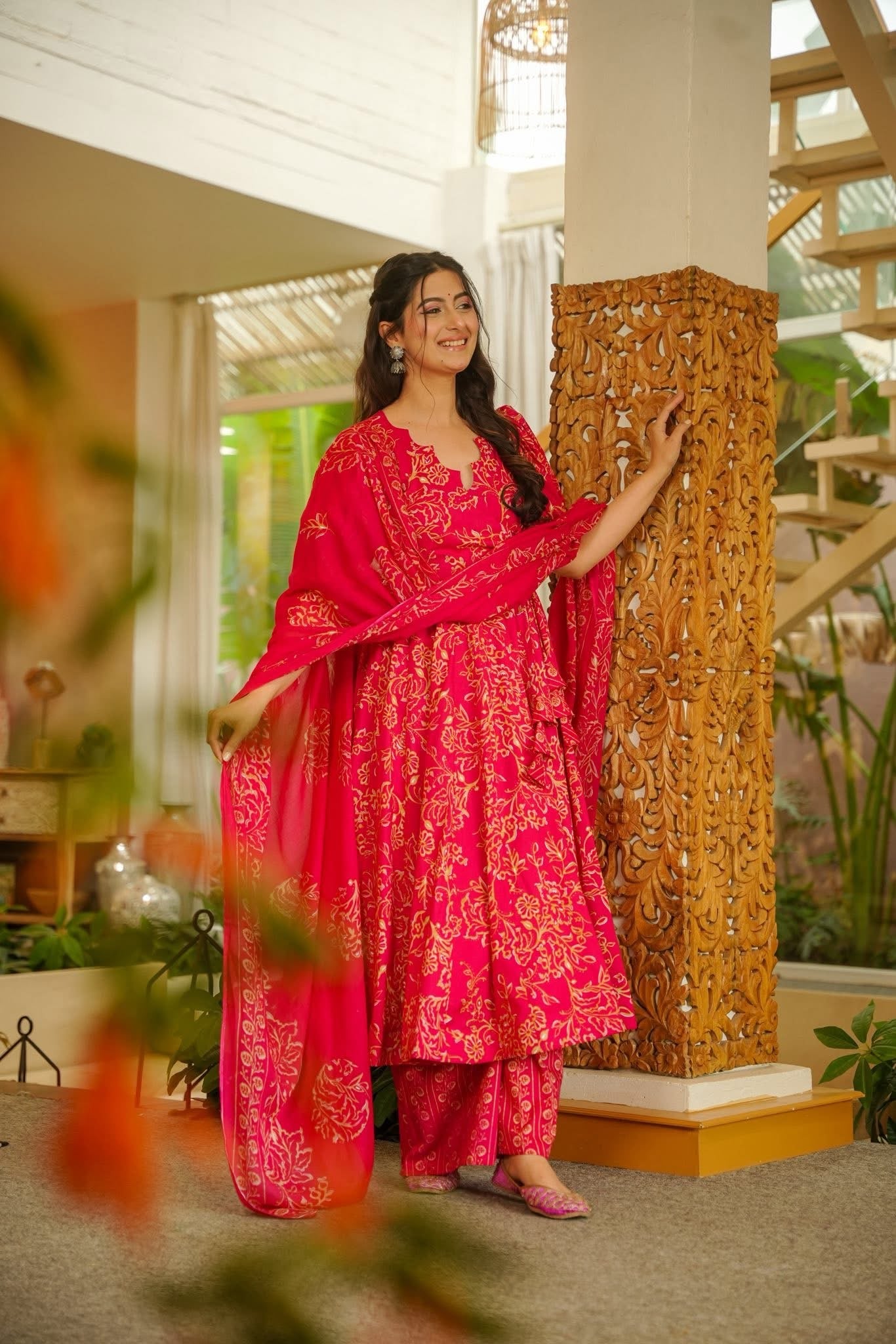 Vaira Red Cotton Anarkali Suit Set