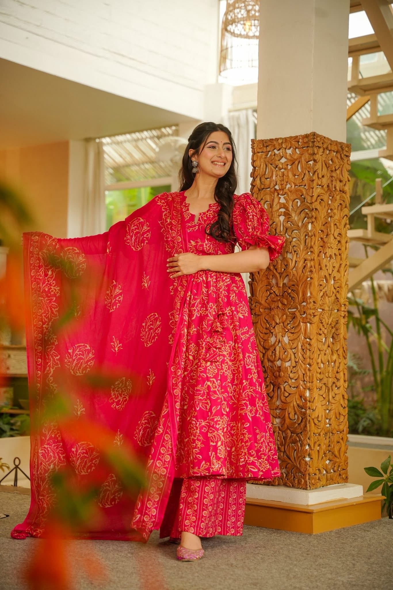 Vaira Red Cotton Anarkali Suit Set