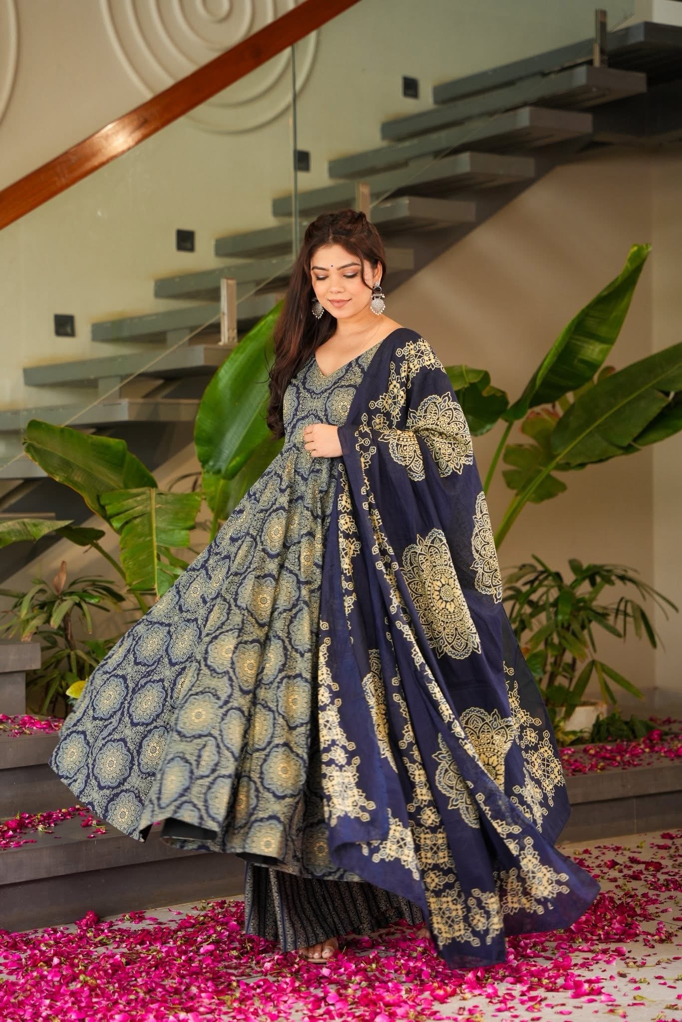 Royal Indigo Printed Cotton Anarkali Suit Set