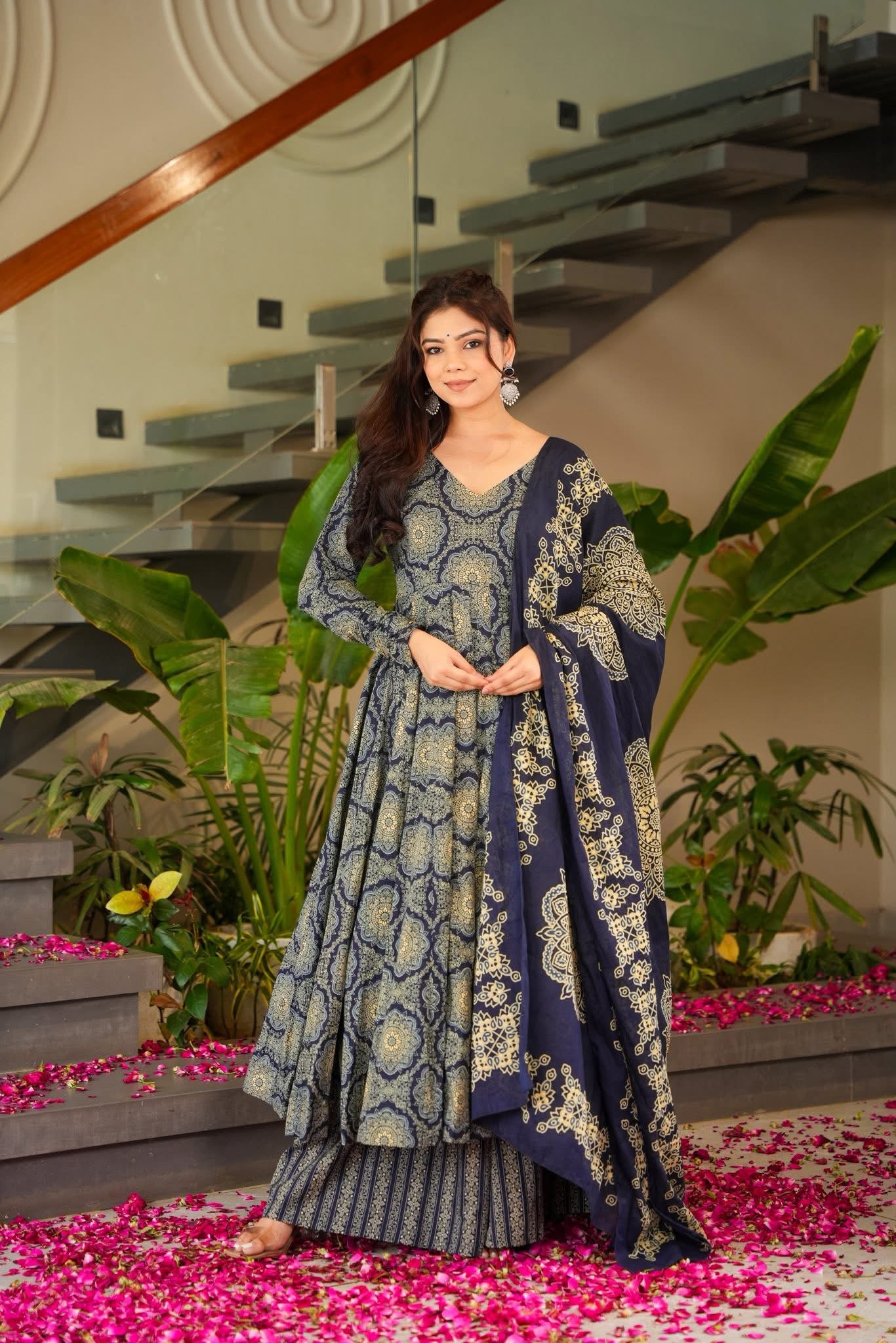 Royal Indigo Printed Cotton Anarkali Suit Set