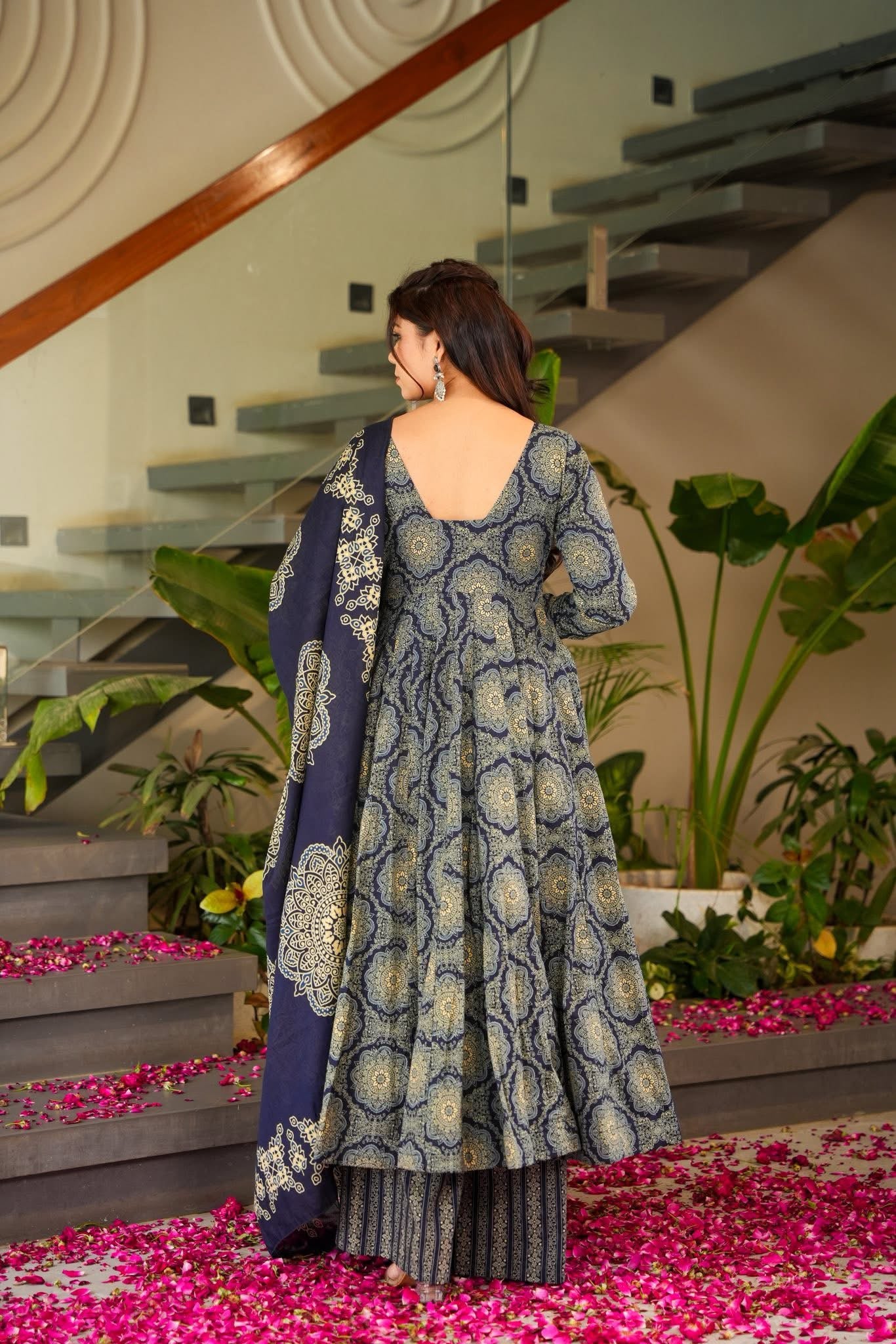 Royal Indigo Printed Cotton Anarkali Suit Set