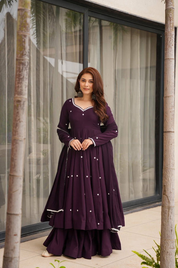 Purple Printed Muslin A-Line Suit Set With Dupatta