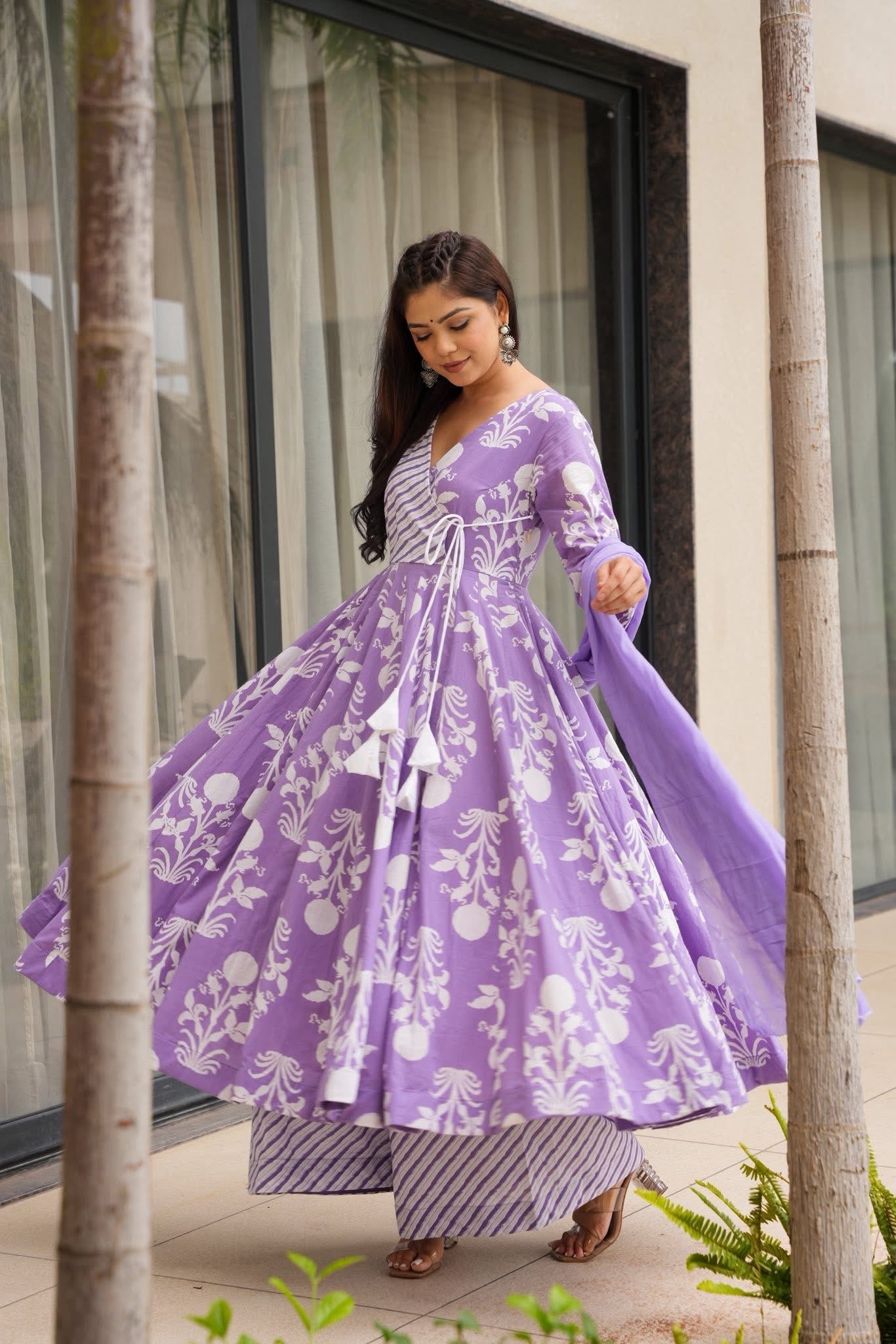 Evadne Purple Printed Cotton Suit Set