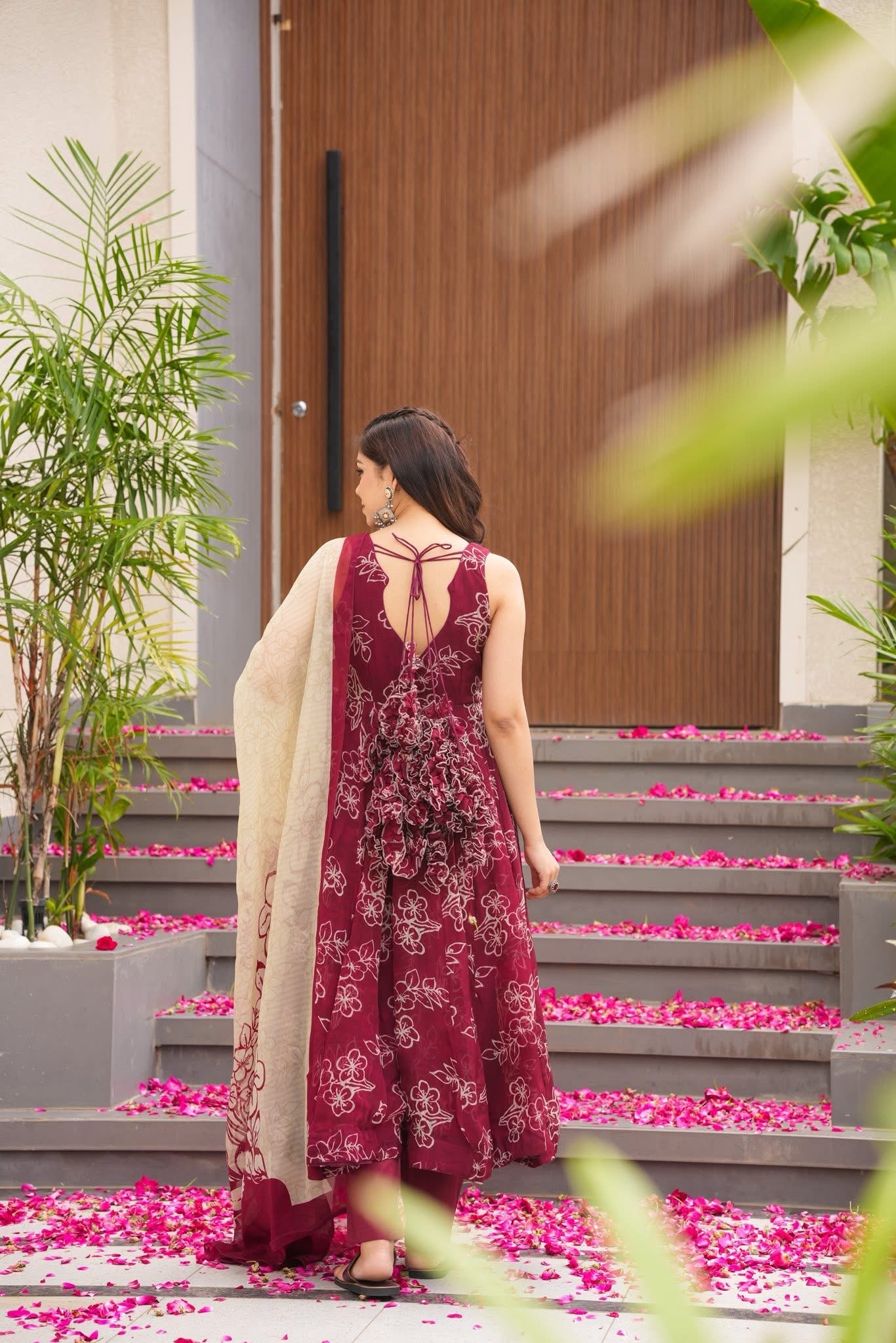 Maroon Blossom Organza Anarkali Suit Set