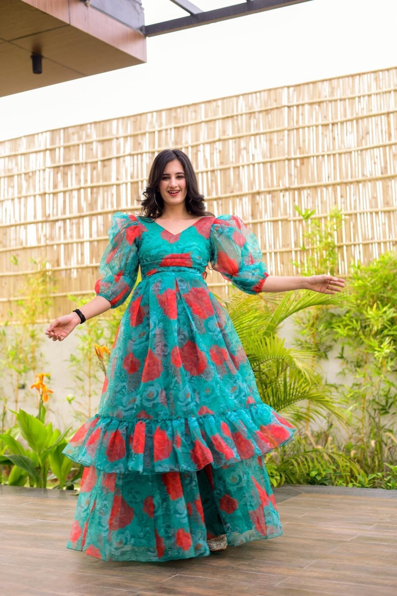 niti green floral organza dress