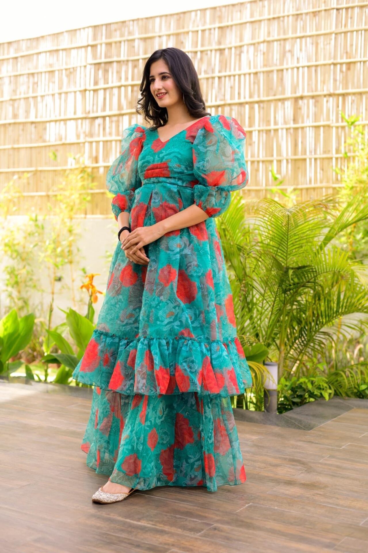 niti green floral organza dress