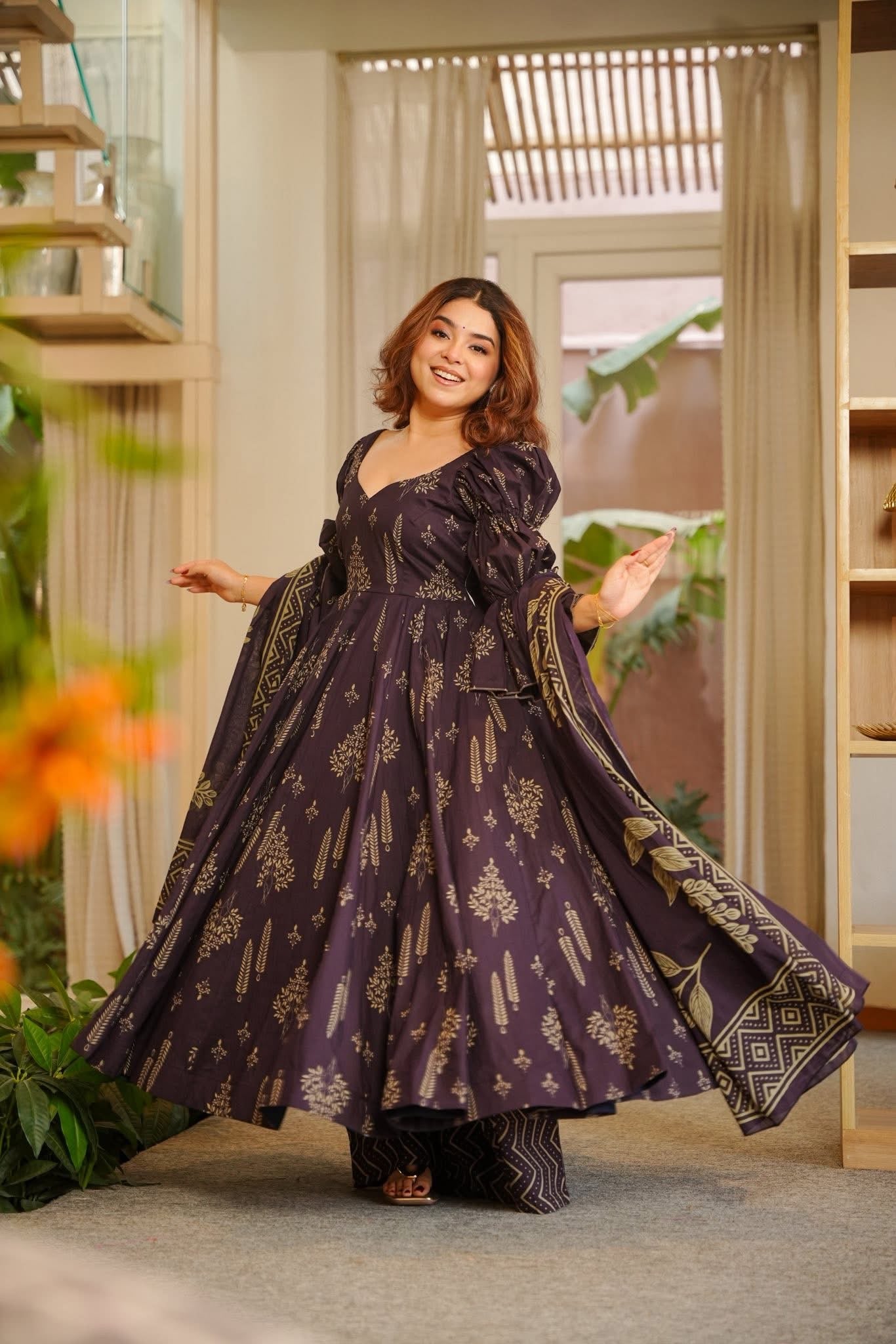 Sunayana Purple Cotton Anarkali Suit Set