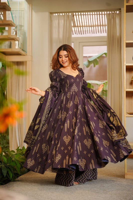 Sunayana Purple Cotton Anarkali Suit Set