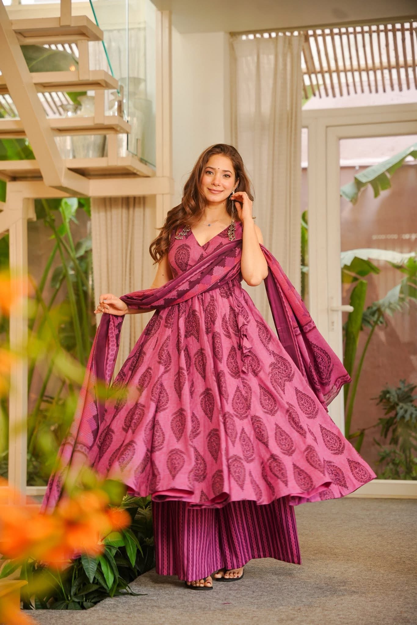 Tapasya Pink Angrakha Cotton Suit Set