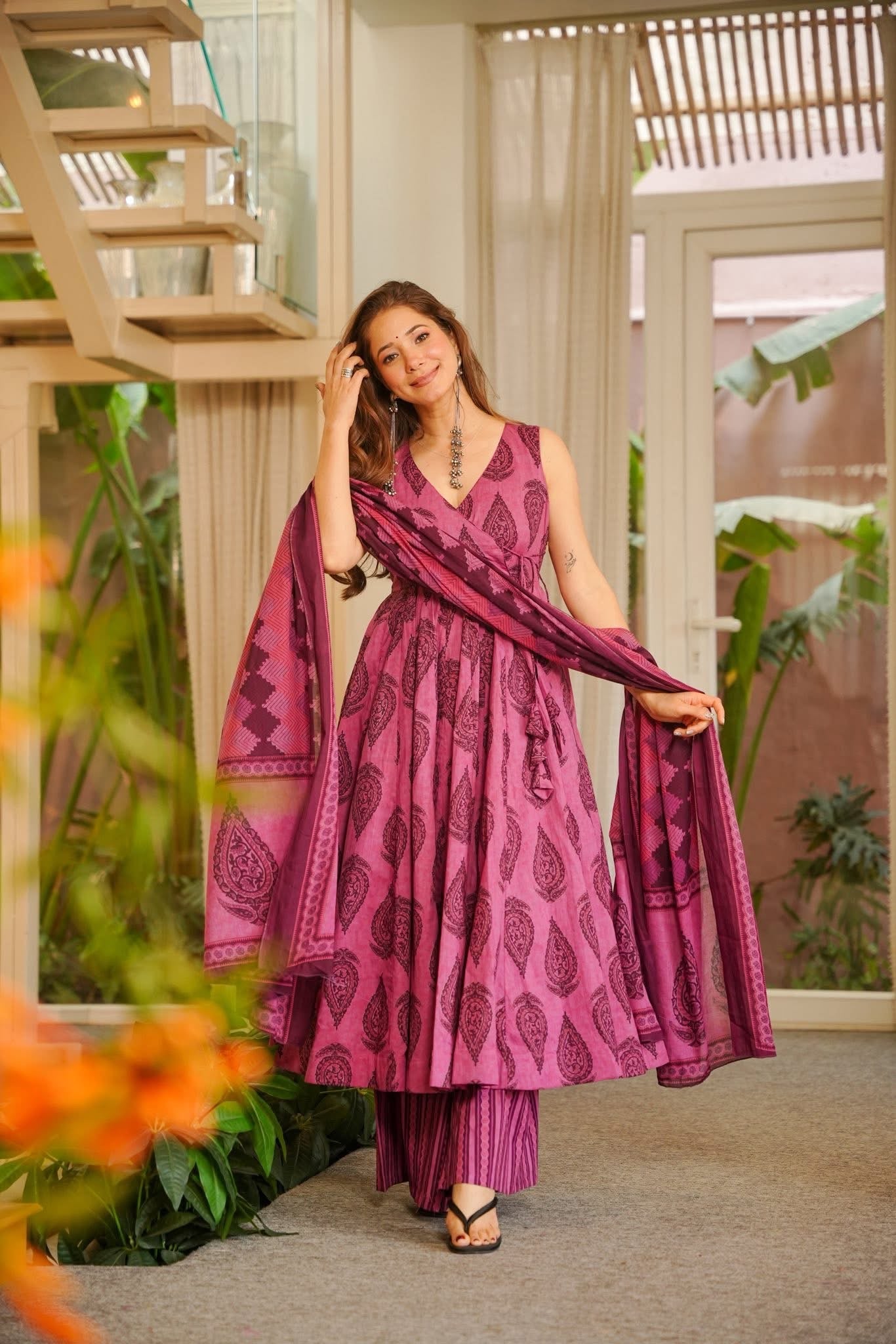 Tapasya Pink Angrakha Cotton Suit Set