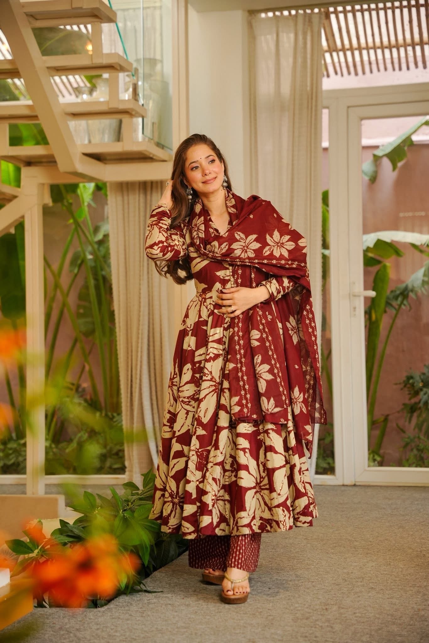 Manshika Maroon Cotton Anarkali Suit Set