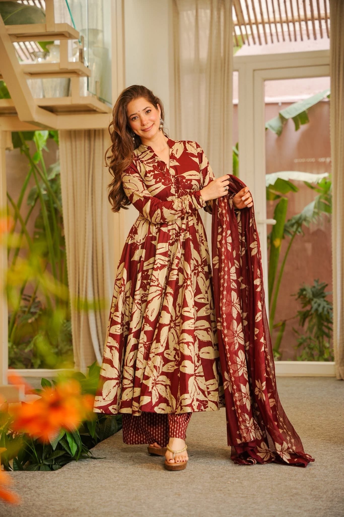 Manshika Maroon Cotton Anarkali Suit Set