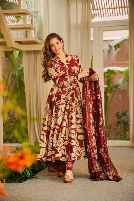 Manshika Maroon Cotton Anarkali Suit Set