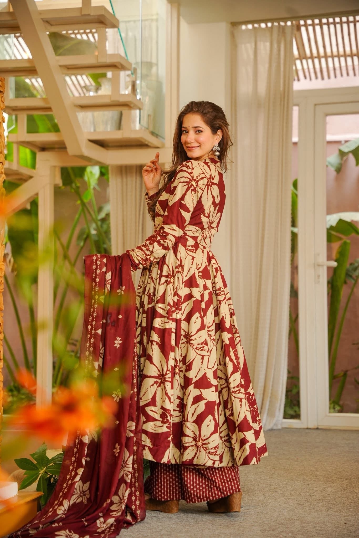 Manshika Maroon Cotton Anarkali Suit Set