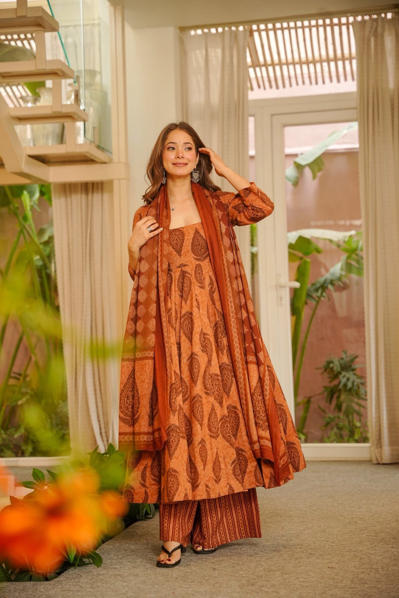 Anvaya Block Printed Cotton Anarkali Suit Set