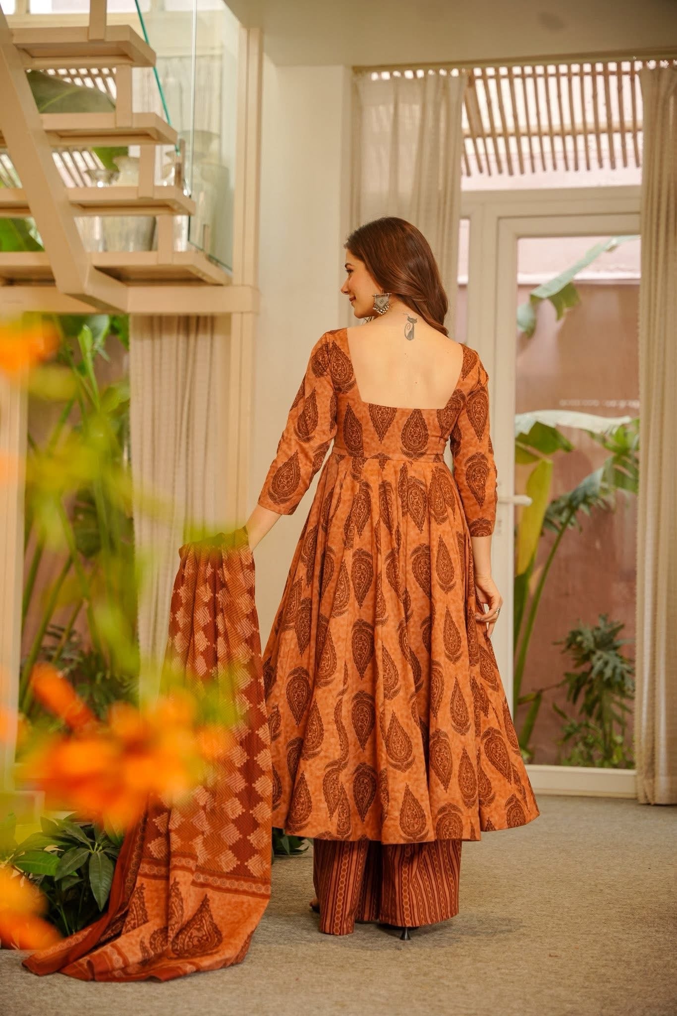 Anvaya Block Printed Cotton Anarkali Suit Set