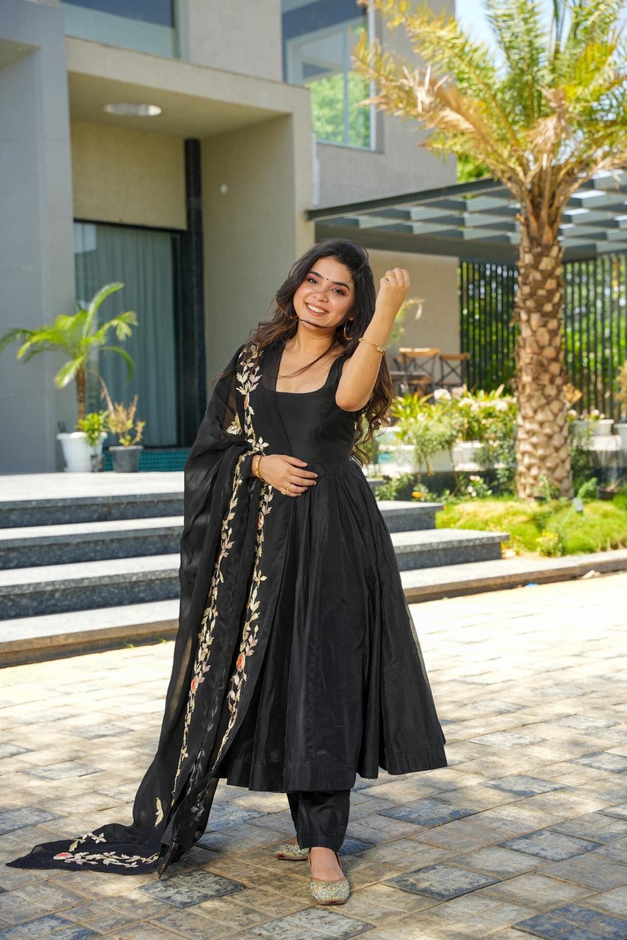 Embellished black chanderi suit set