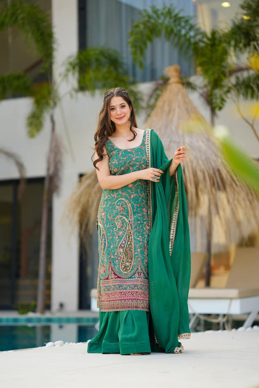 Samara green heavy embroidered suit