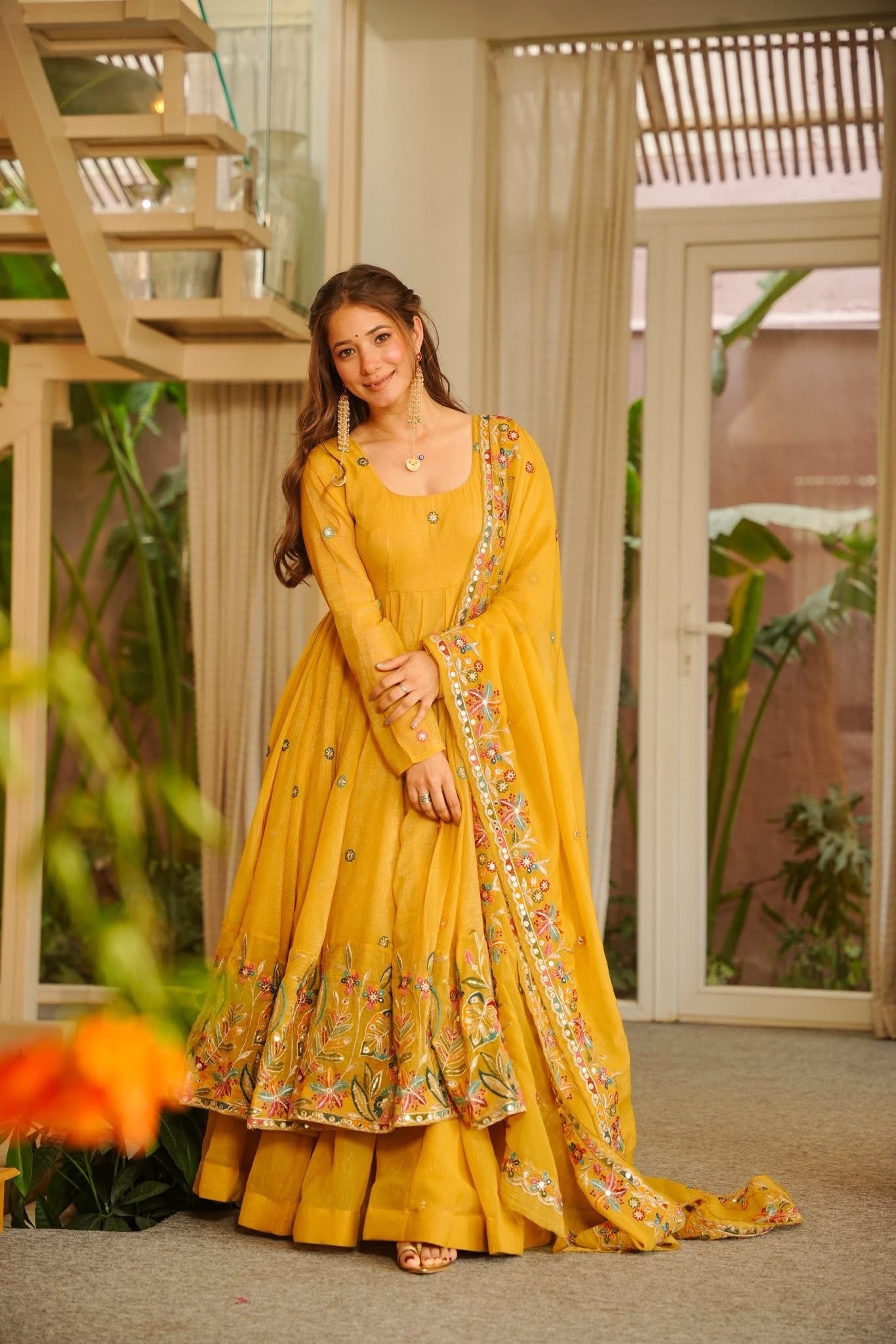 Nivriti Yellow Organza Anarkali Suit Set