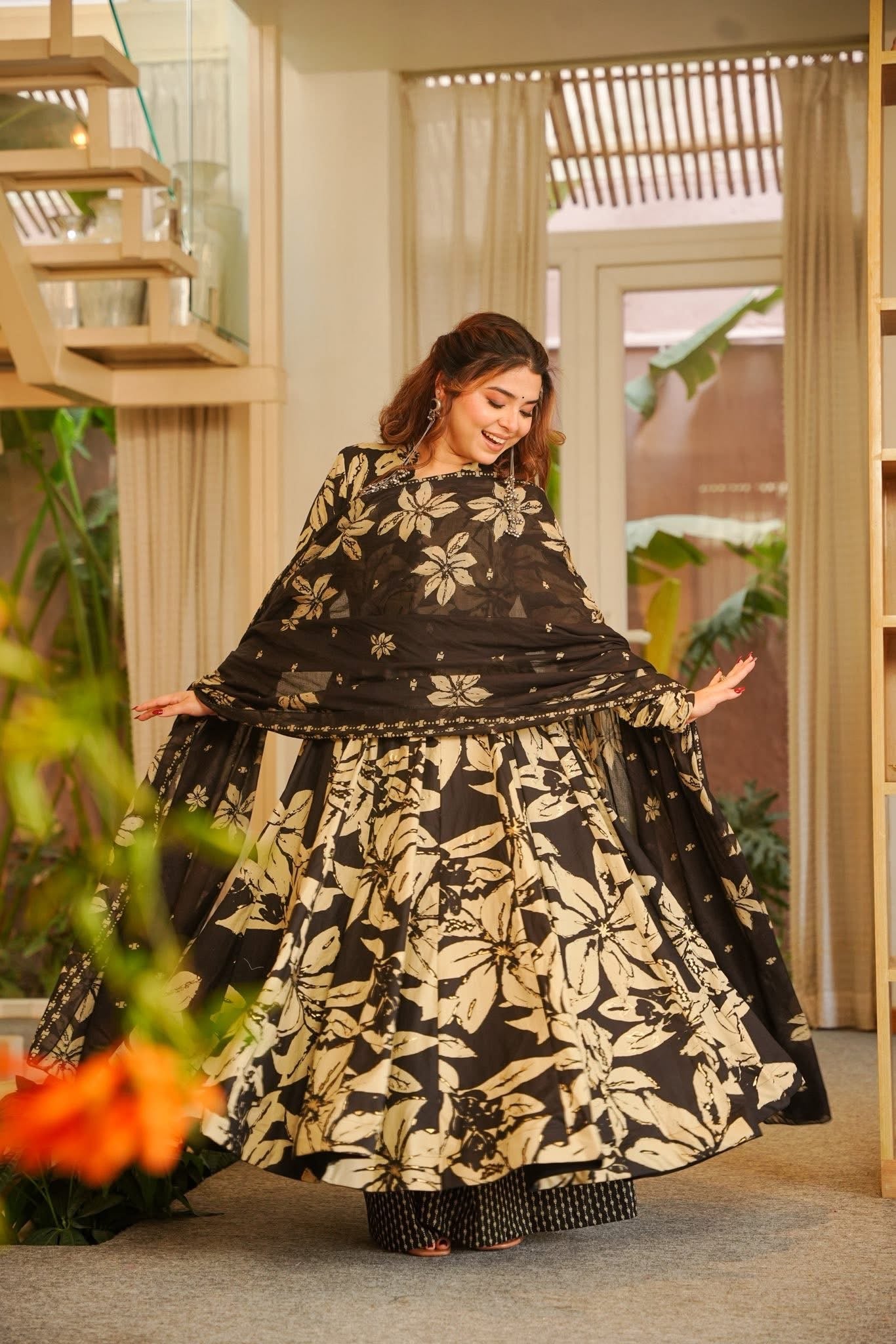 Shab Black Cotton Anarkali Suit Set
