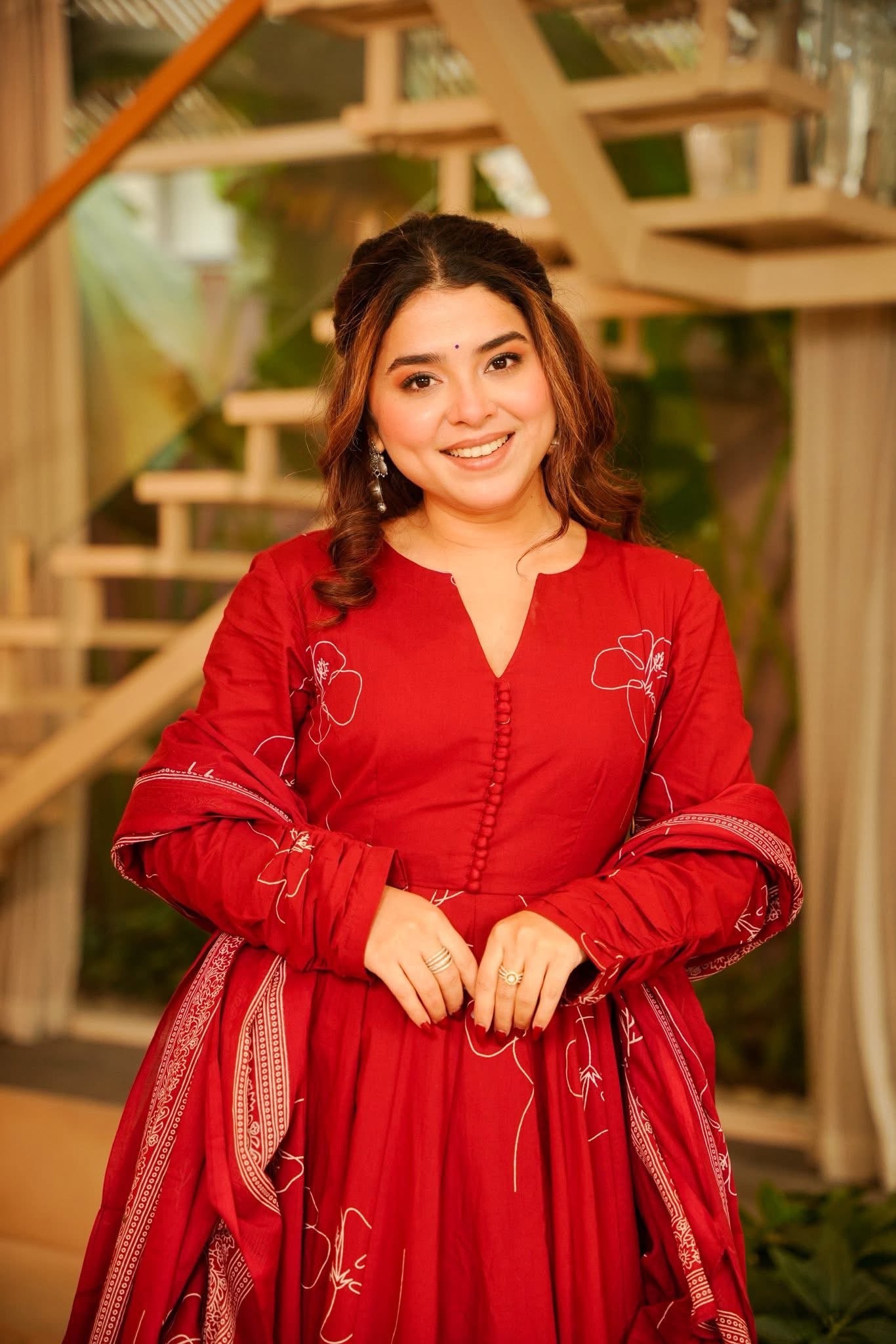 Maithali Red Cotton Anarkali Suit Set