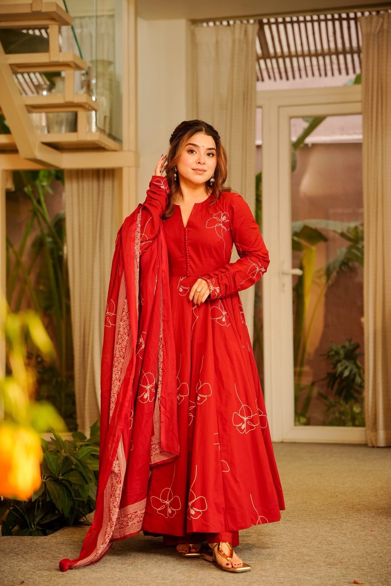 Maithali Red Cotton Anarkali Suit Set