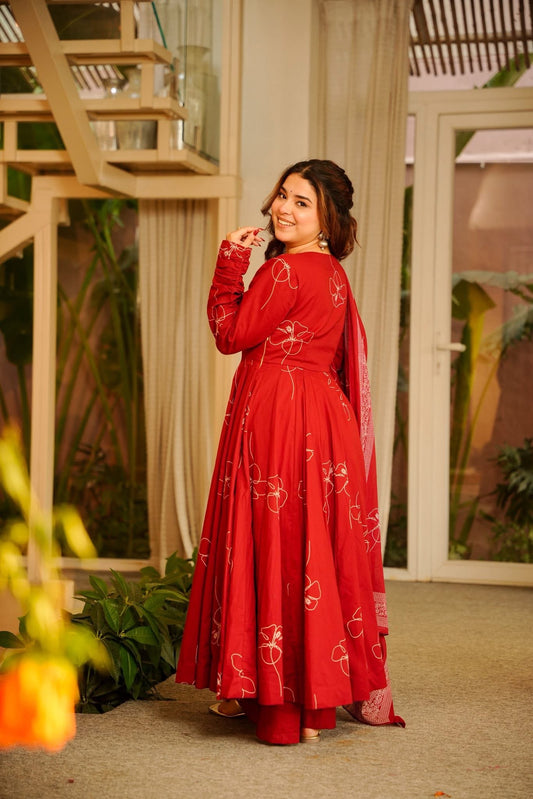 Maithali Red Cotton Anarkali Suit Set