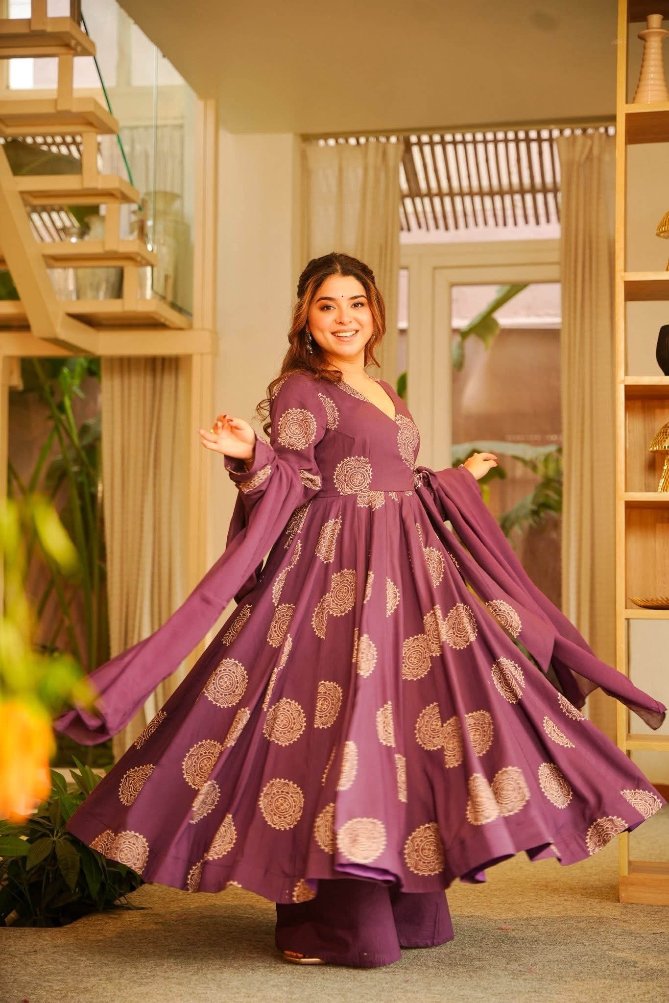 Srujaana Purple Rayon Anarkali Suit Set