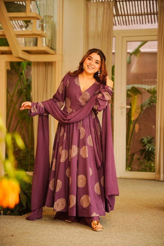 Srujaana Purple Rayon Anarkali Suit Set