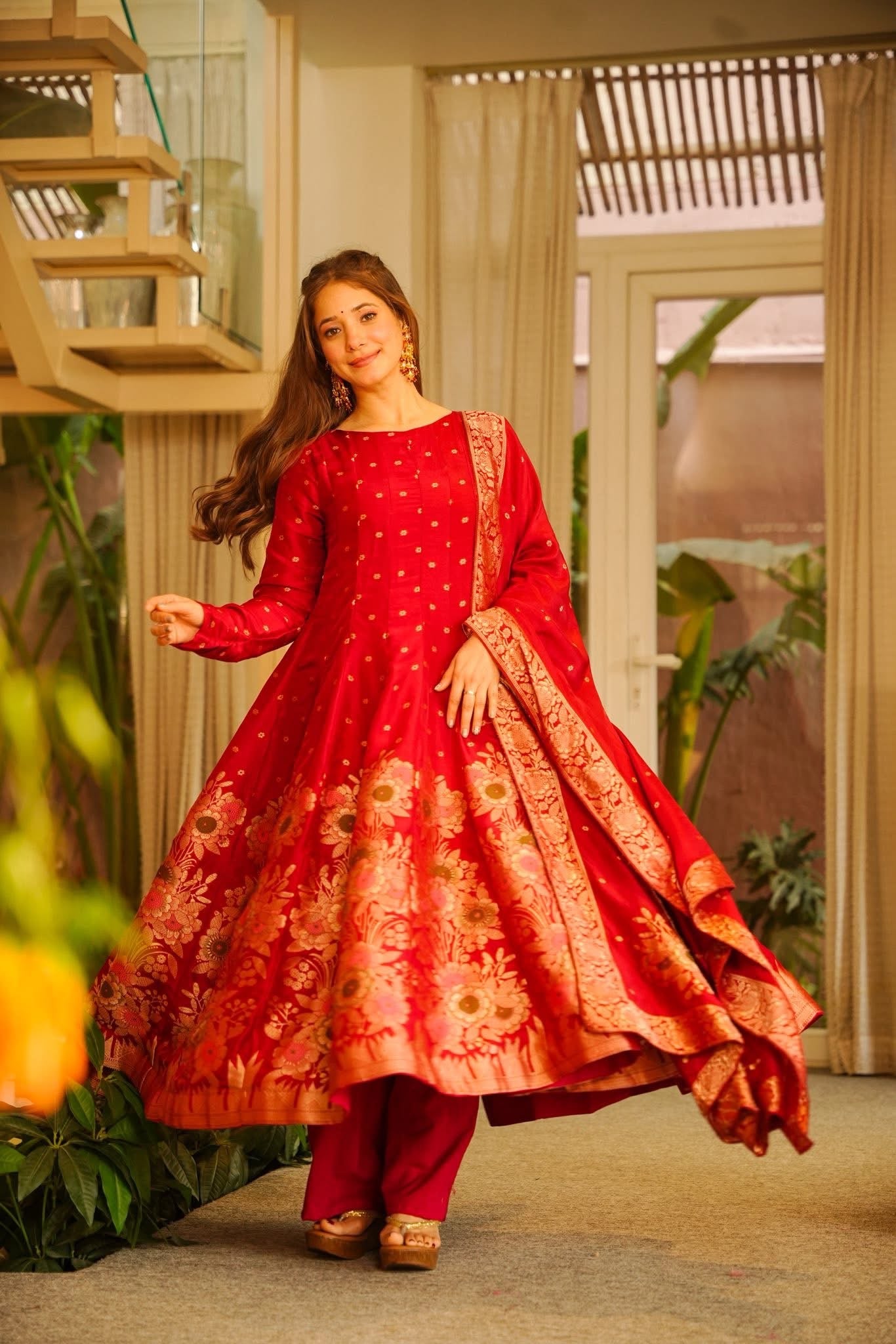 Airaani Red Silk Anarkali Suit Set