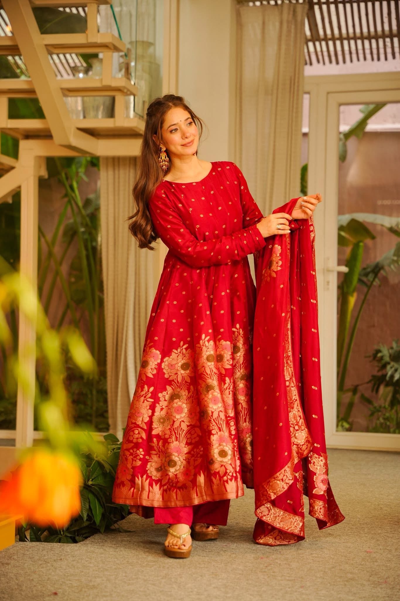 Airaani Red Silk Anarkali Suit Set