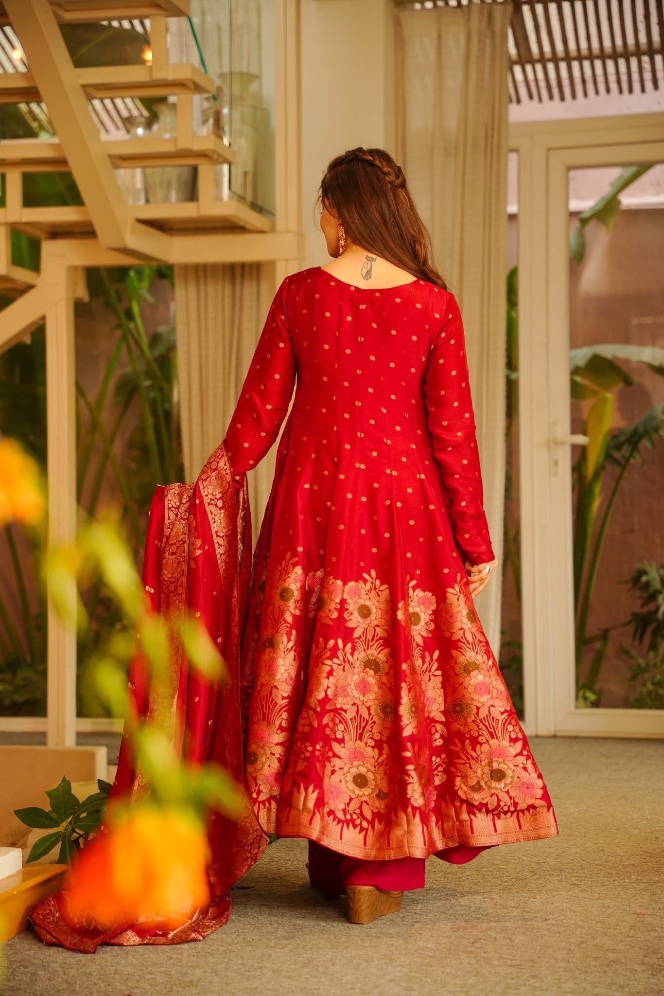 Airaani Red Silk Anarkali Suit Set