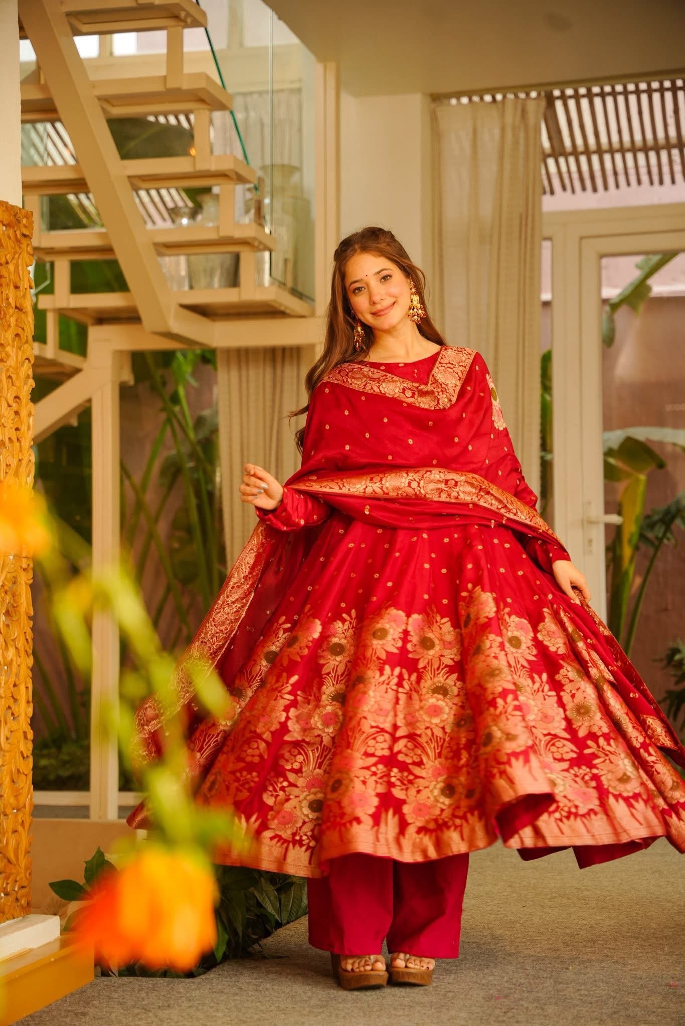 Airaani Red Silk Anarkali Suit Set