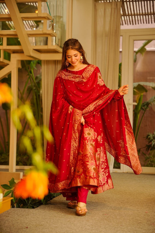 Airaani Red Silk Anarkali Suit Set