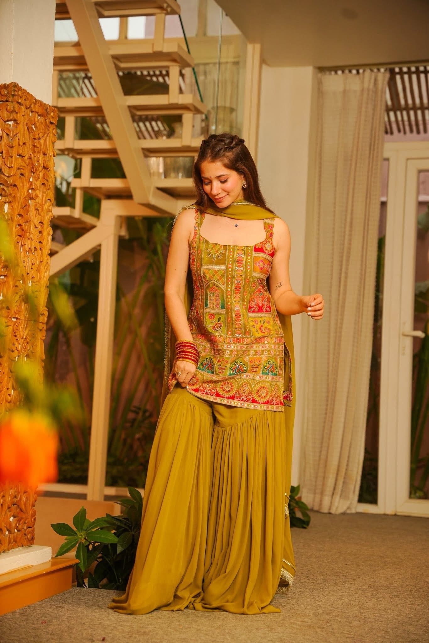 Hirz Green Heavy Embroidered Sharara Set