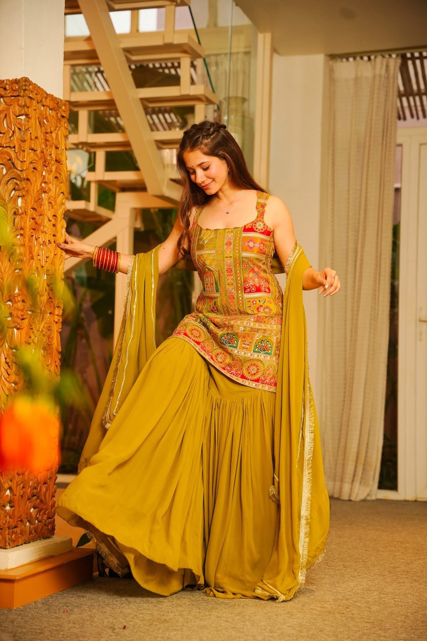 Hirz Green Heavy Embroidered Sharara Set