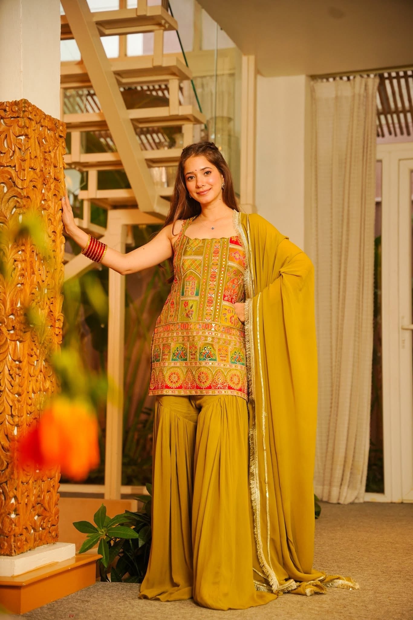 Hirz Green Heavy Embroidered Sharara Set