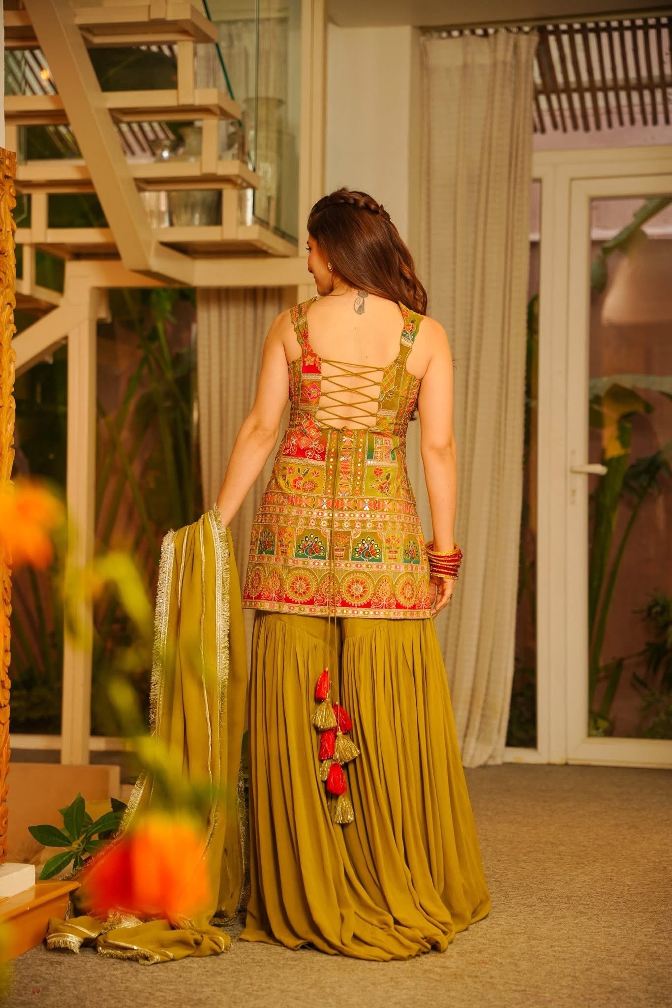 Hirz Green Heavy Embroidered Sharara Set