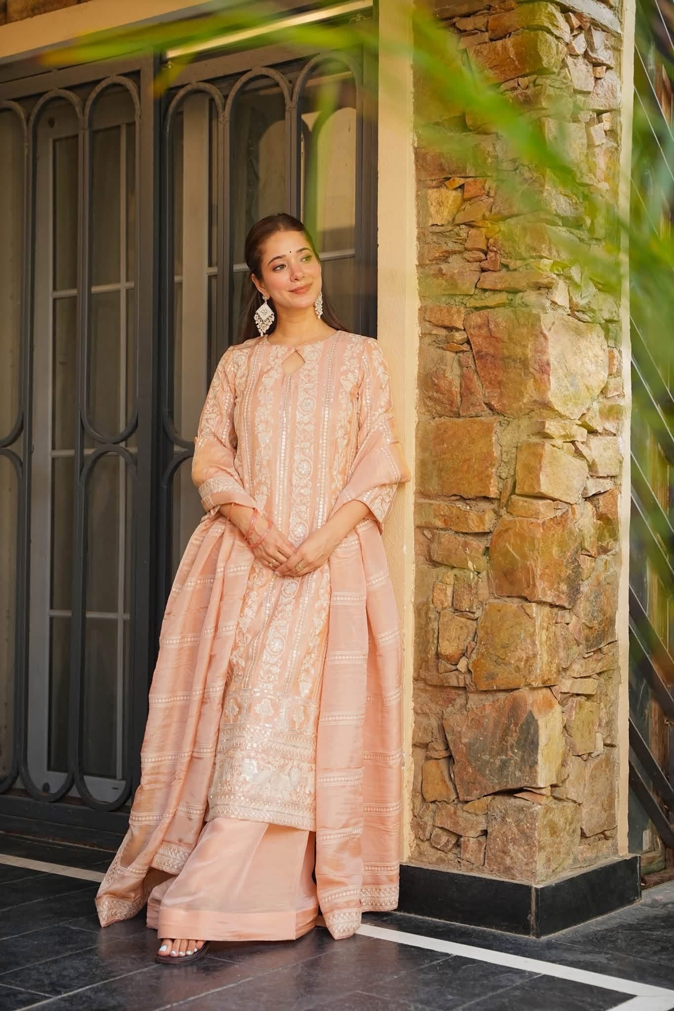 Pehrin Peach Heavy Embroidered Kurta Set
