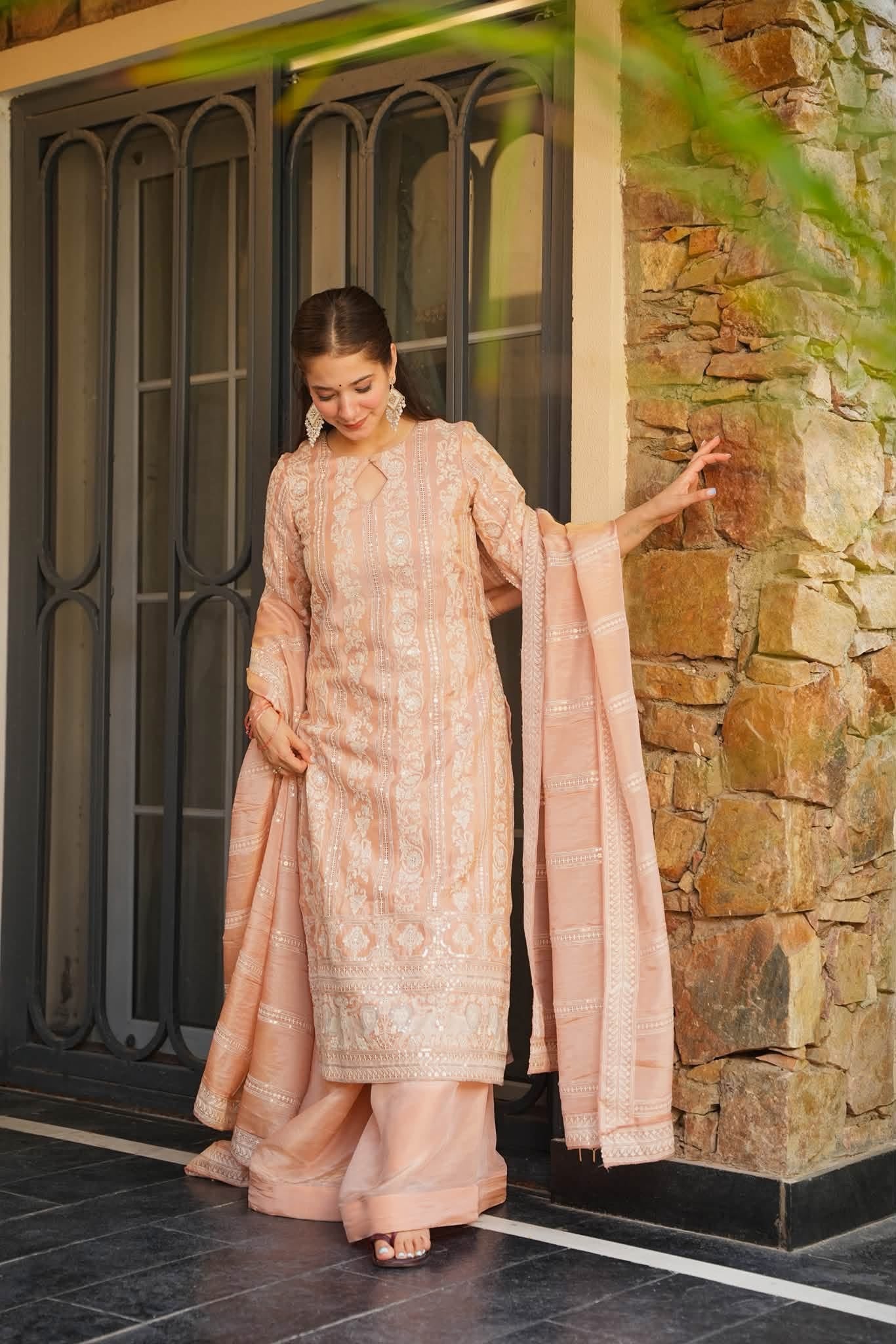 Pehrin Peach Heavy Embroidered Kurta Set