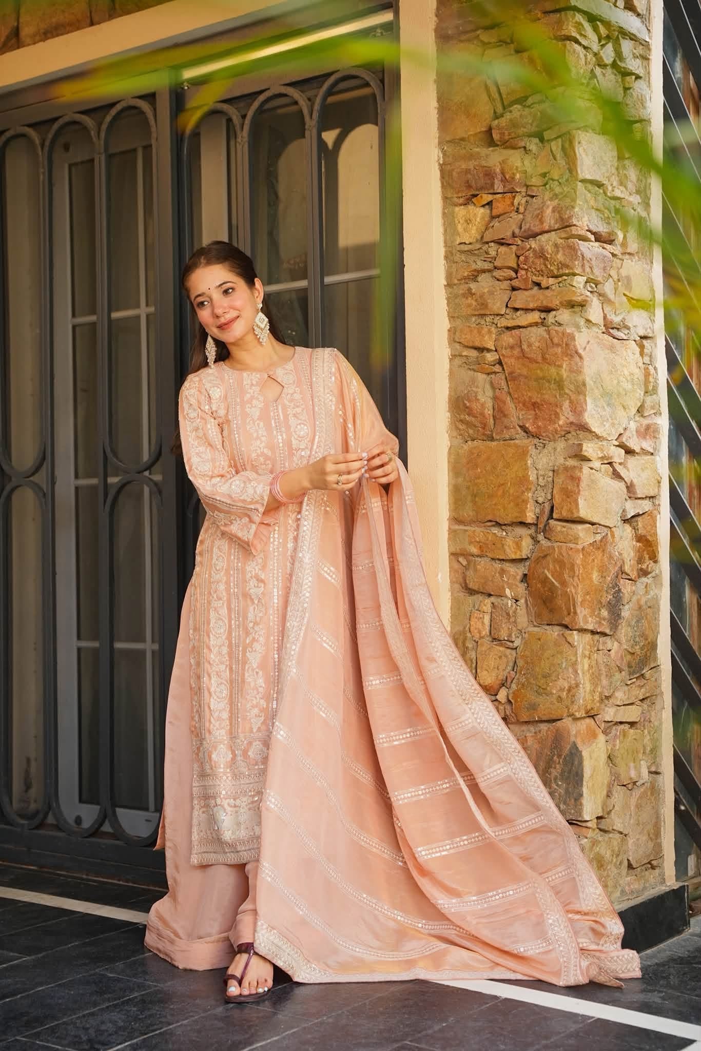 Pehrin Peach Heavy Embroidered Kurta Set