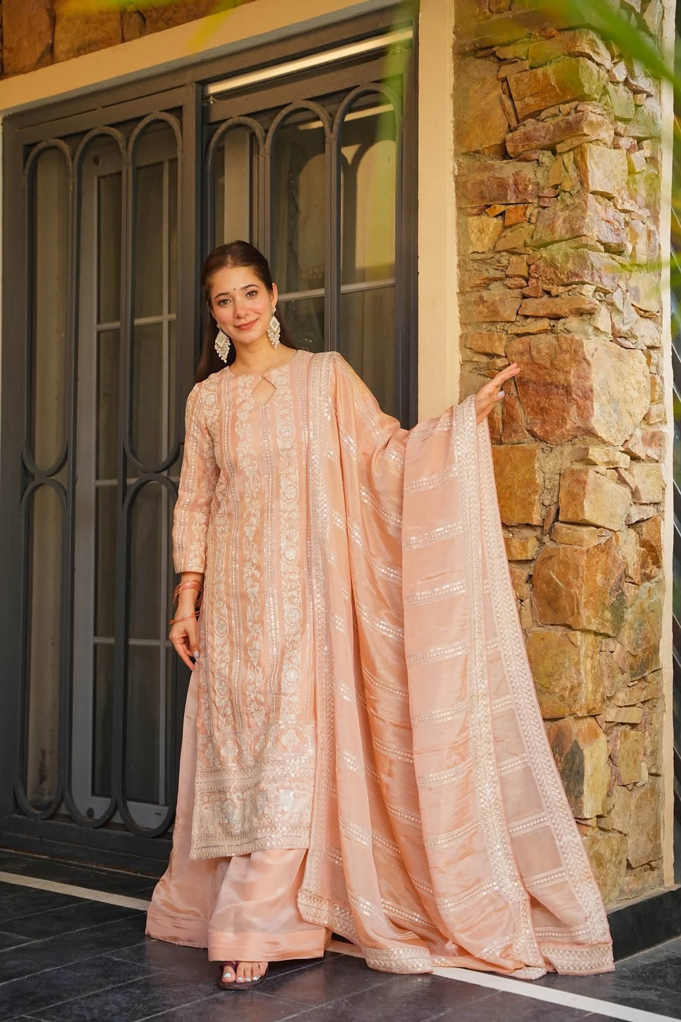 Pehrin Peach Heavy Embroidered Kurta Set
